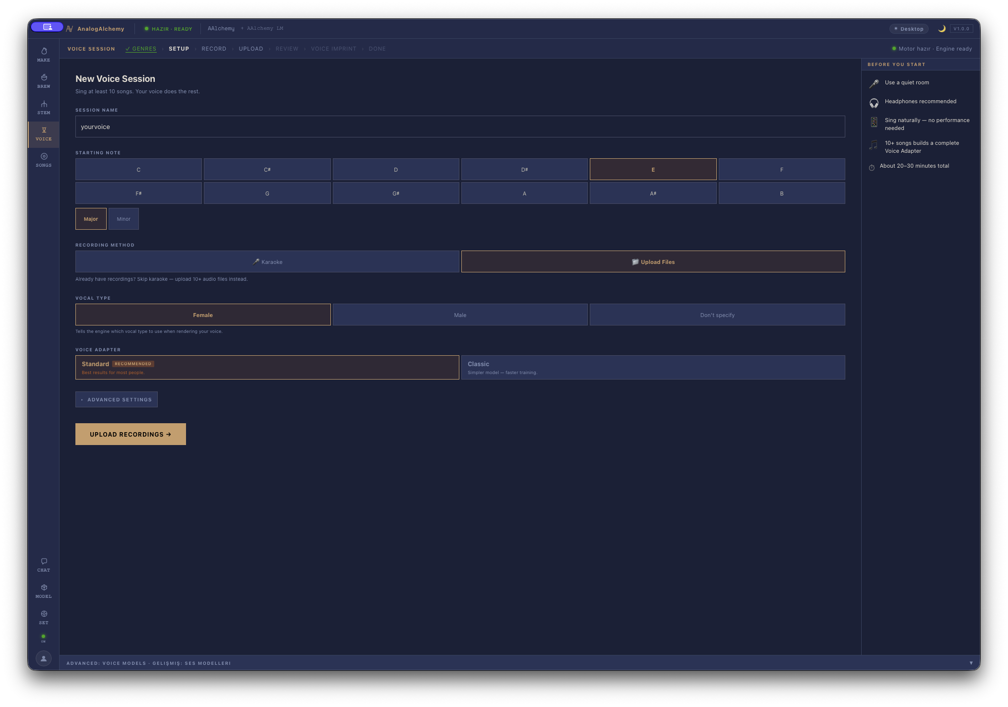 New voice session setup with starting note and vocal type